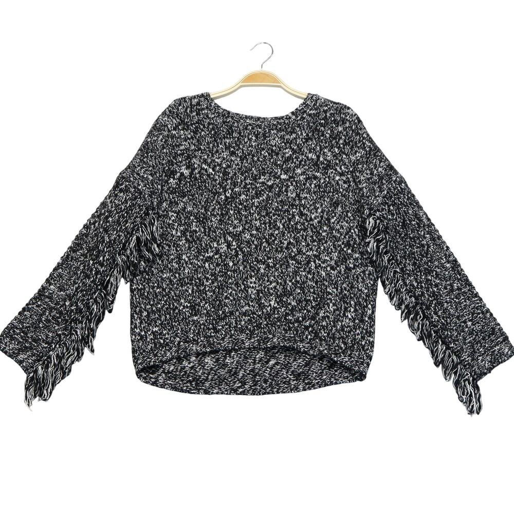 Michael Stars Wool Blend Crop Sweater L Fringe Sleeve Crewneck High Low Marled